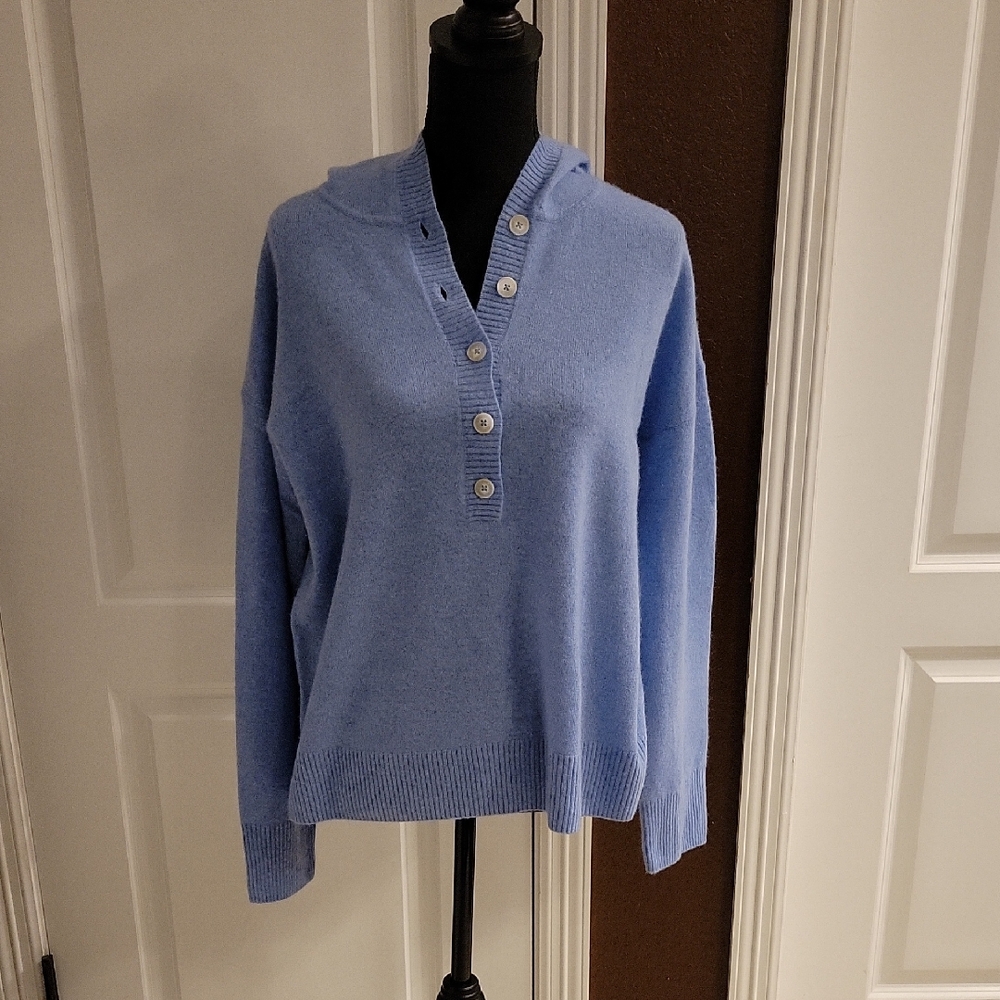 Aqua Light Blue V-Neck Button-Placket Hooded Cashmere Sweater